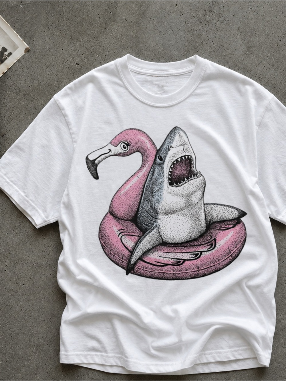 Shark And Flamingo Float Shirt, Funny Summer Graphic Tee - Unisex White